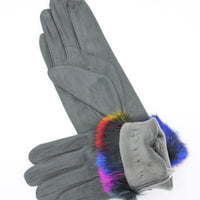 Gants gris avec fourrure multicolore au poignet