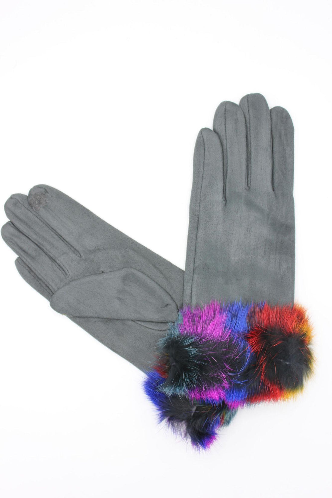 Gants gris avec fourrure multicolore au poignet
