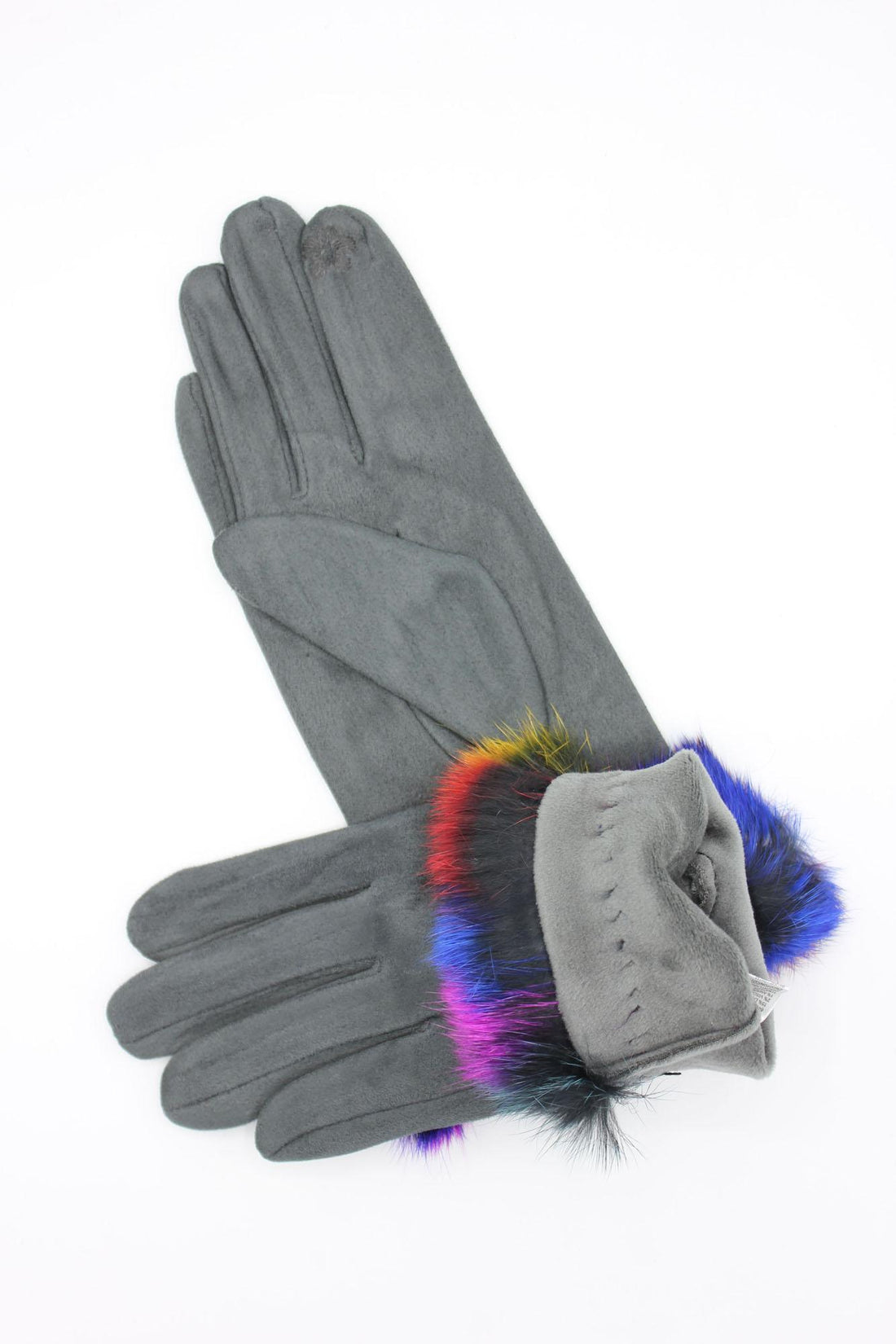 Gants gris avec fourrure multicolore au poignet