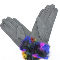 Gants gris avec fourrure multicolore au poignet