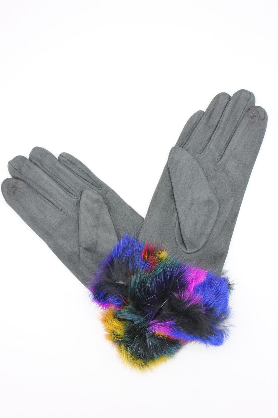 Gants gris avec fourrure multicolore au poignet