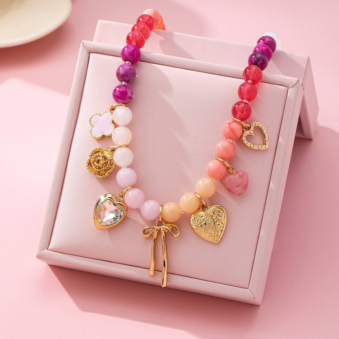 Collier Charme Cœur Fleur Nœud Perlé Pastel