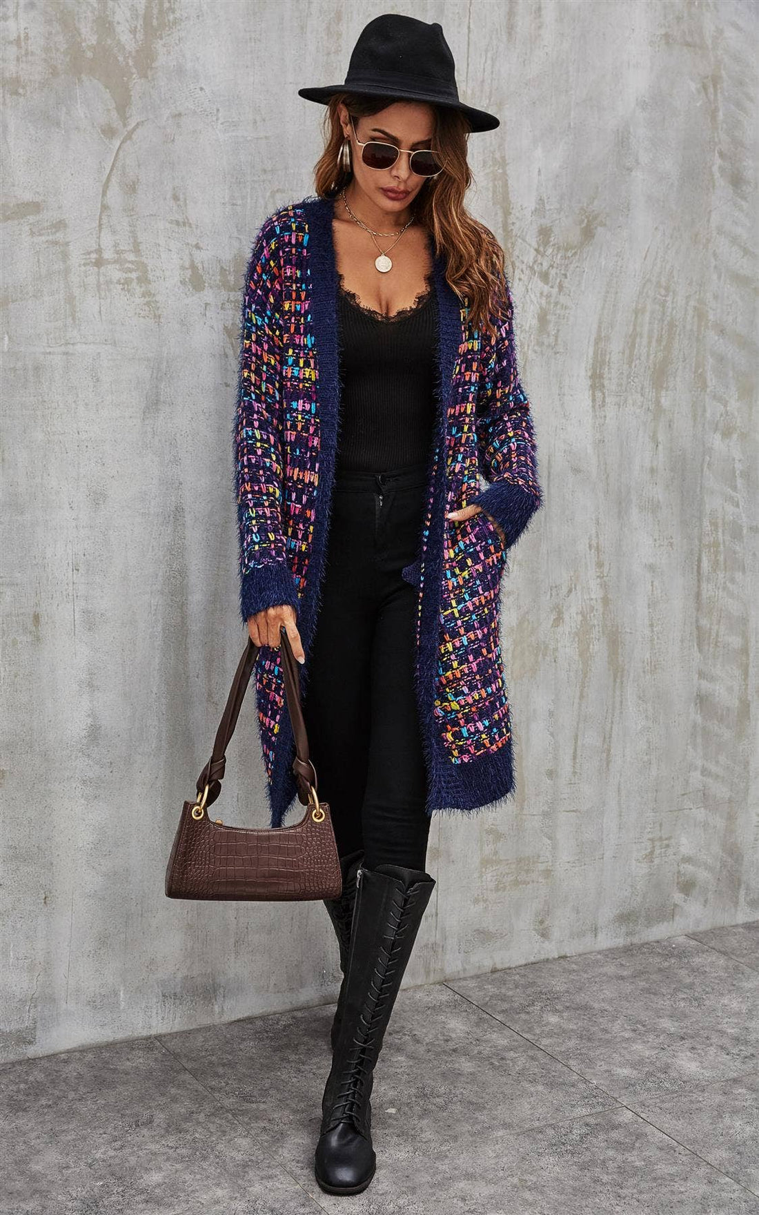 Gilet long multicolore bleu marine