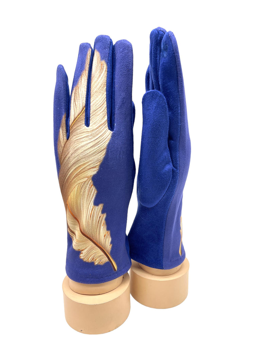 Gants en suédine motif plume dorée – Royal ou Taupe